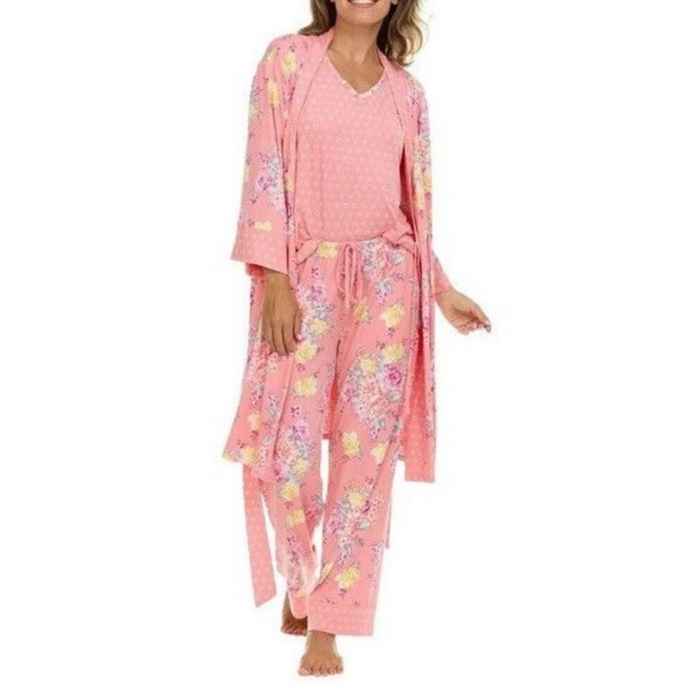 NWT Flora Nikrooz Women’s 3-piece PJ Set Robe Tank Pants Pink XS